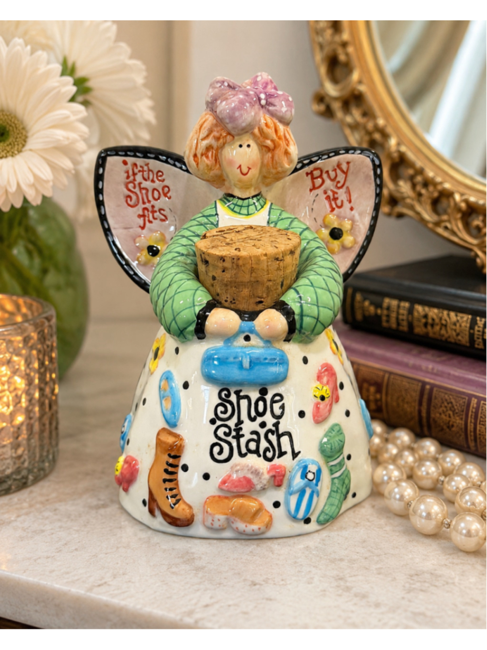 1998 Shoe Stash Angel Fairy Corked Coin Bank Figurine If The Shoe Fits